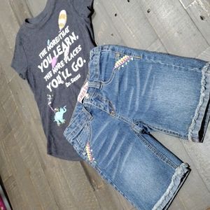 Girls SZ 6 Jumping Beans Dr. Seuss Top and Squeeze Denim SZ 6 Capri Jean Shorts
